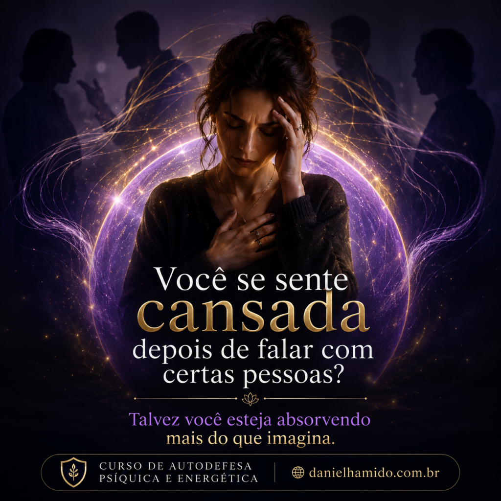 Arte premium do Curso de Autodefesa Psíquica e Energética com mulher sensível em ambiente escuro, envolta por campo luminoso de proteção energética em tons de lilás, dourado e azul. A imagem representa cansaço emocional após falar com certas pessoas, absorção de energia dos outros, drenagem energética e a importância de aprender práticas de autodefesa energética, proteção espiritual e fortalecimento do campo pessoal com Daniel Hamido.